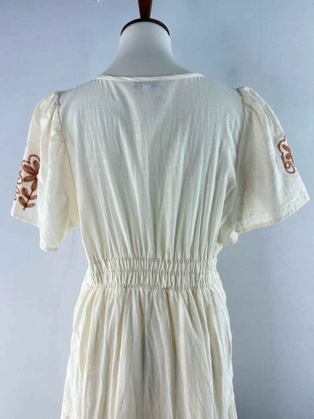 Polagram Cream & Brown Embroidered Notch Neck Short Sleeve Maxi Dress